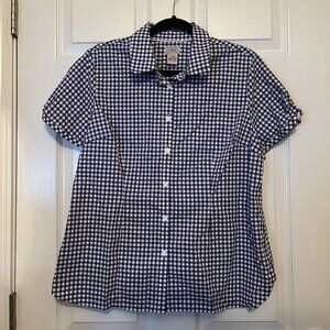 Women's L.L. Bean Blue Gingham Plaid 100% Cotton Short Sleeve Blouse Size Large